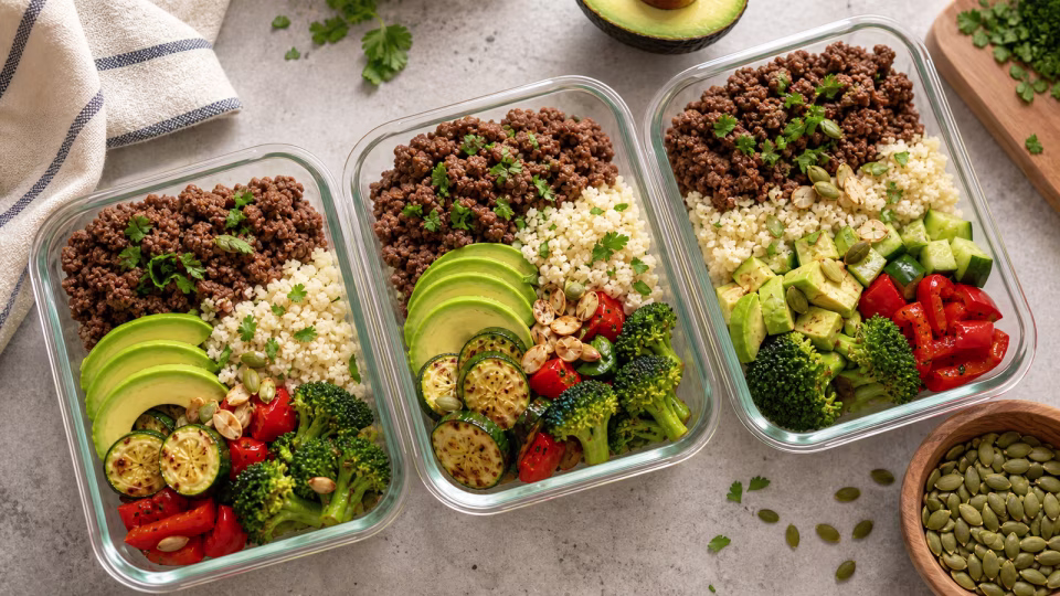 Photorealistic keto meal-prep containers with ground beef, cauliflower rice, avocado, broccoli, zucchini, peppers, herbs, and pumpkin seeds