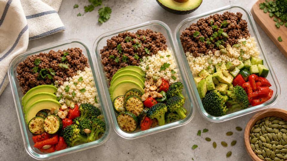 Photorealistic keto meal-prep containers with ground beef, cauliflower rice, avocado, broccoli, zucchini, peppers, herbs, and pumpkin seeds