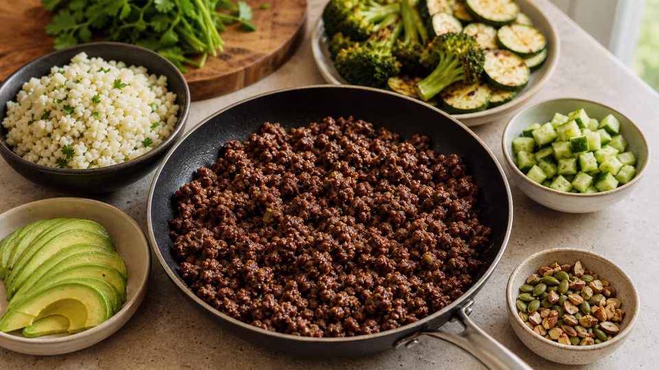 Photorealistic keto meal components with browned ground beef, cauliflower rice, avocado, broccoli, zucchini, cucumber, herbs, and nuts or seeds