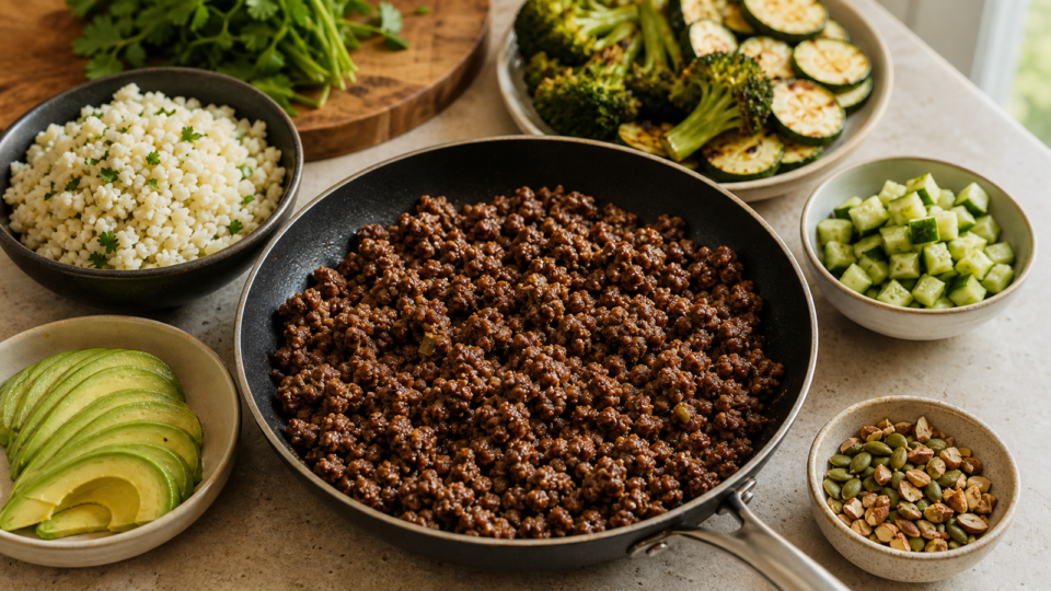 Photorealistic keto meal components with browned ground beef, cauliflower rice, avocado, broccoli, zucchini, cucumber, herbs, and nuts or seeds